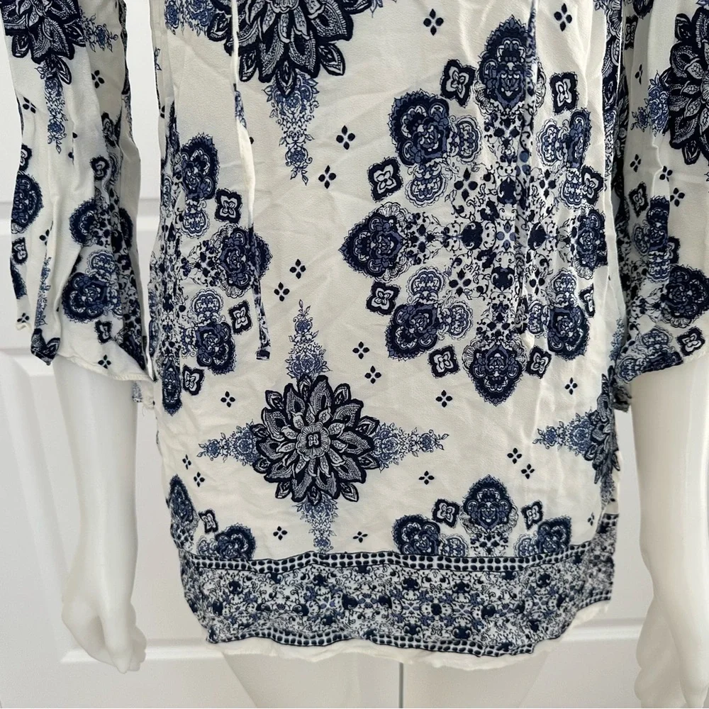 Blue & White Floral Paisley Print Boho Festival Cutout Dress - Picture 6 of 17